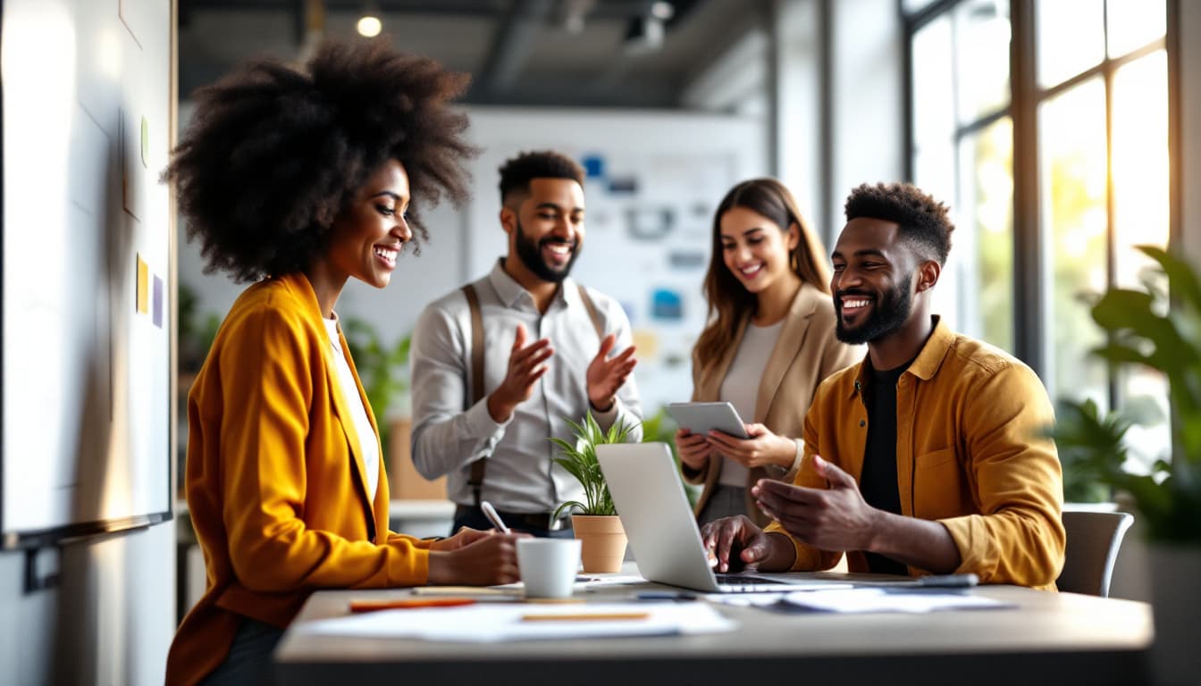 AI generated: `/imagine prompt: Diverse team of professionals brainstorming in modern office:

African woman (conf...