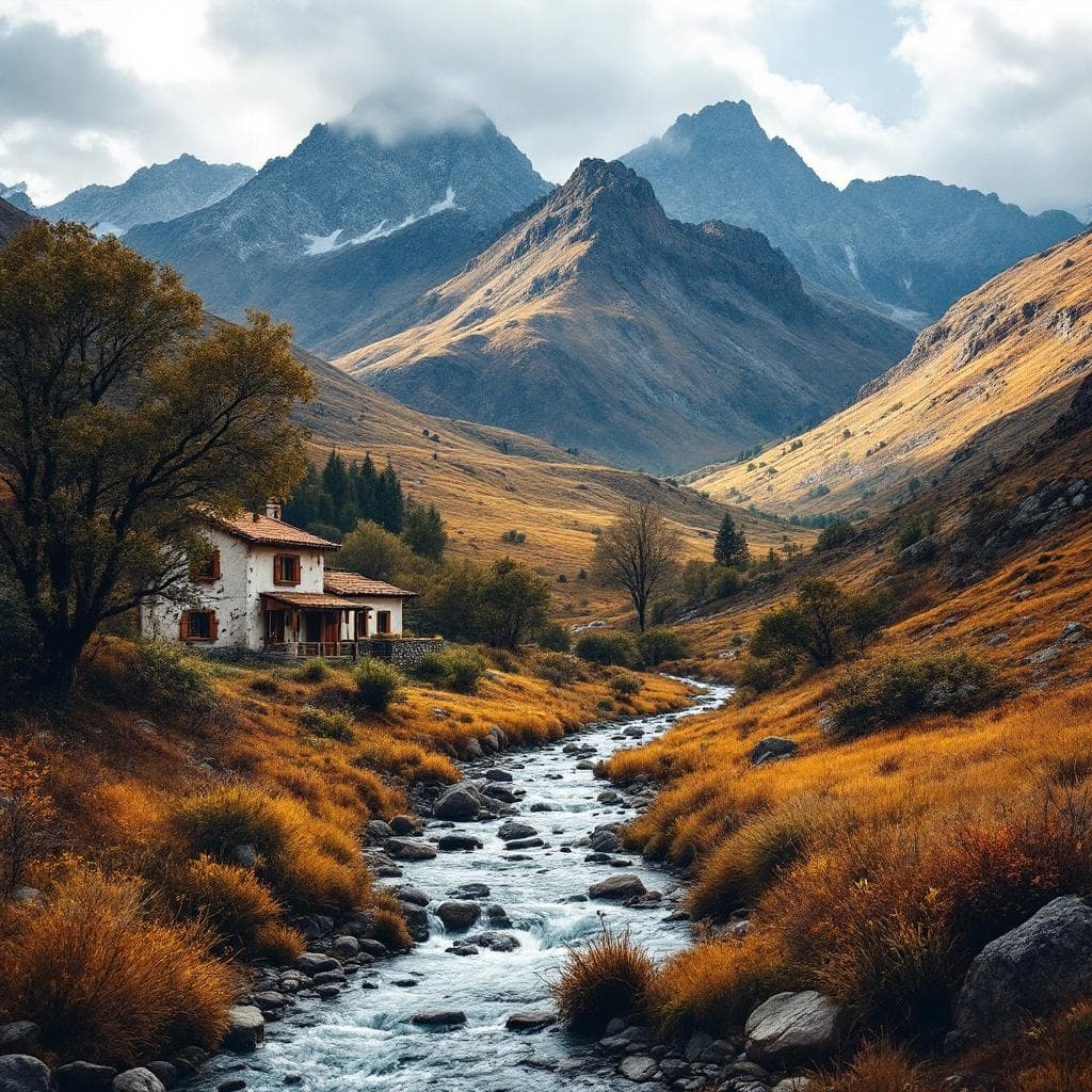 AI generated: paisaje rustico la sierra con montañas rio, casas