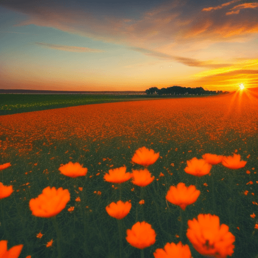 AI generated: Orange sunset, field full of flowers, flashes of light