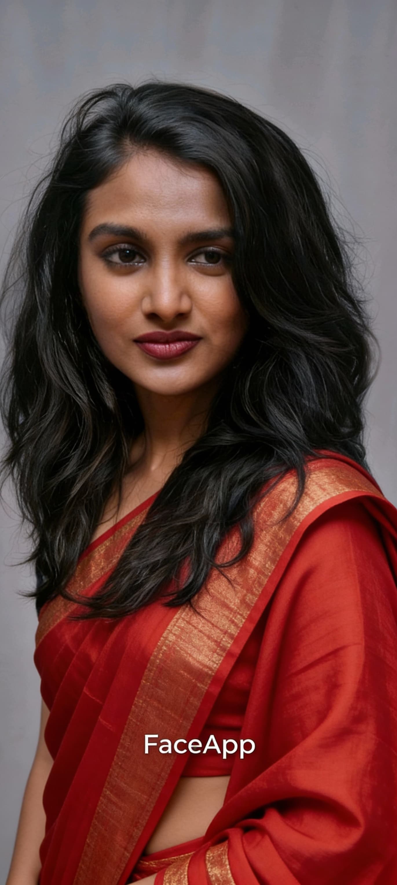 AI generated: Replace the woman's saree colour into red but don't cover her navel same like this.
