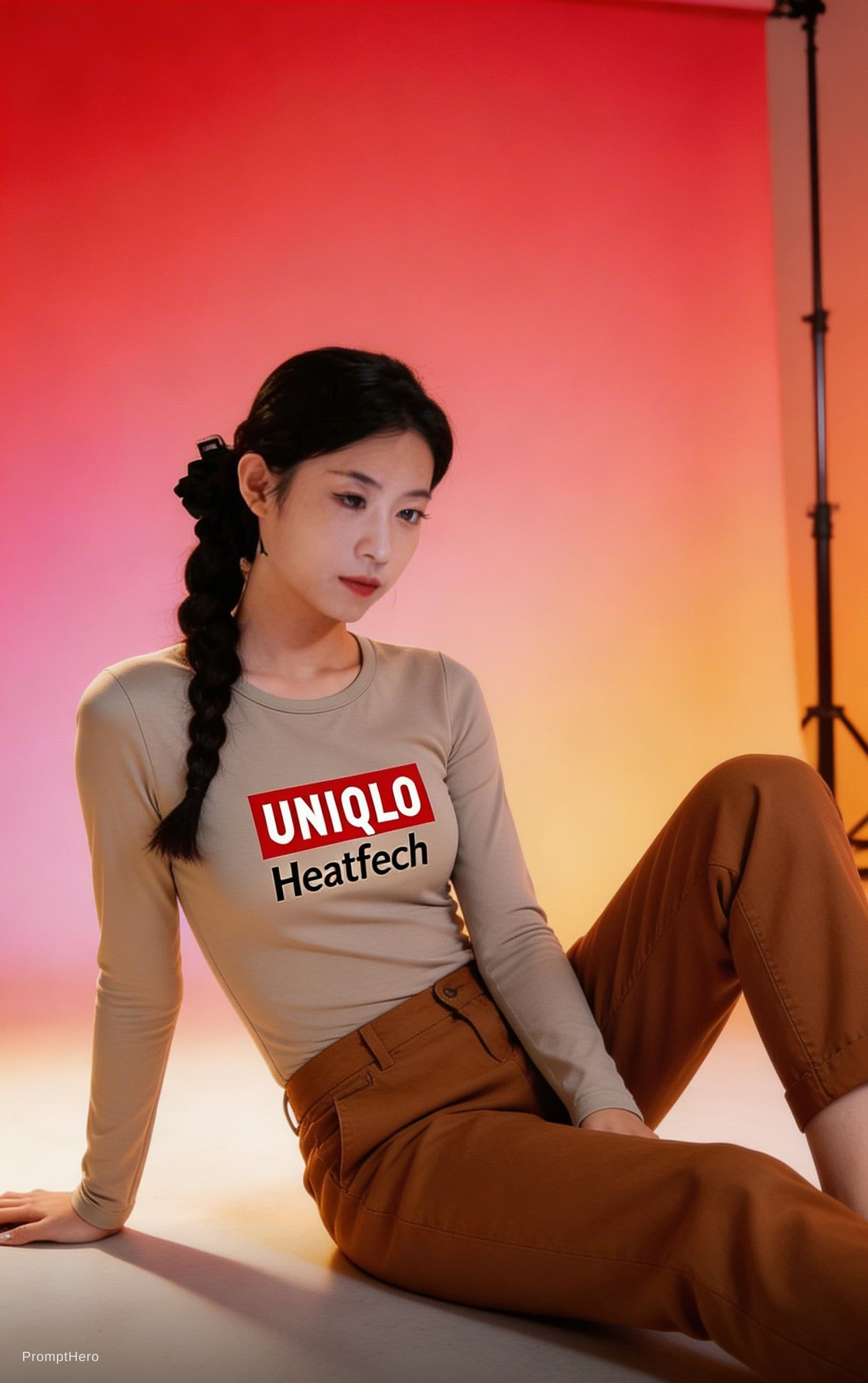 AI generated: wide and low angle, cinematic, fashion photography for the brand Uniqlo. Woman sitting on floor wear...