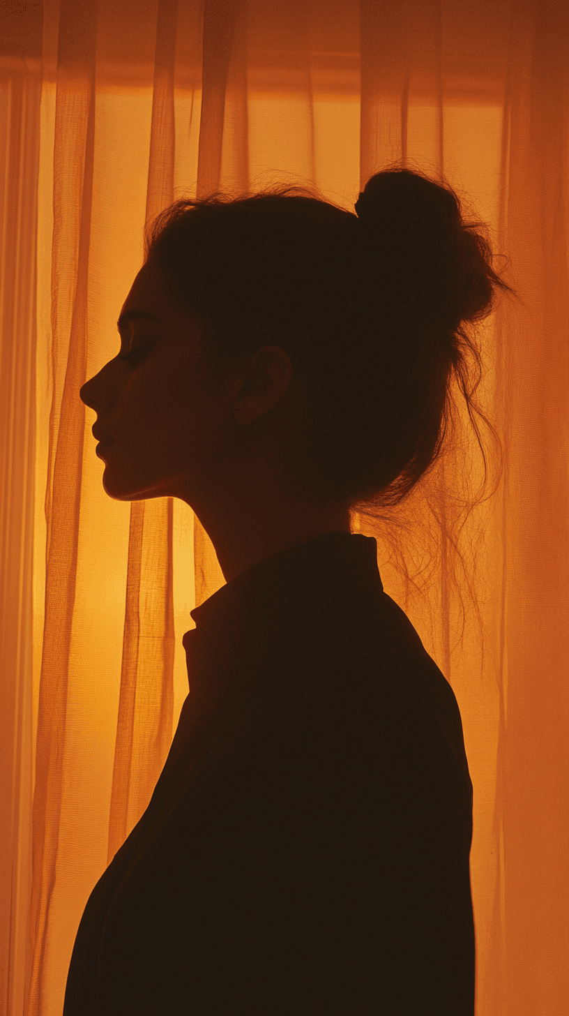 AI generated: A serene silhouette of a woman in profile, warm golden-orange light streaming through sheer curtains...
