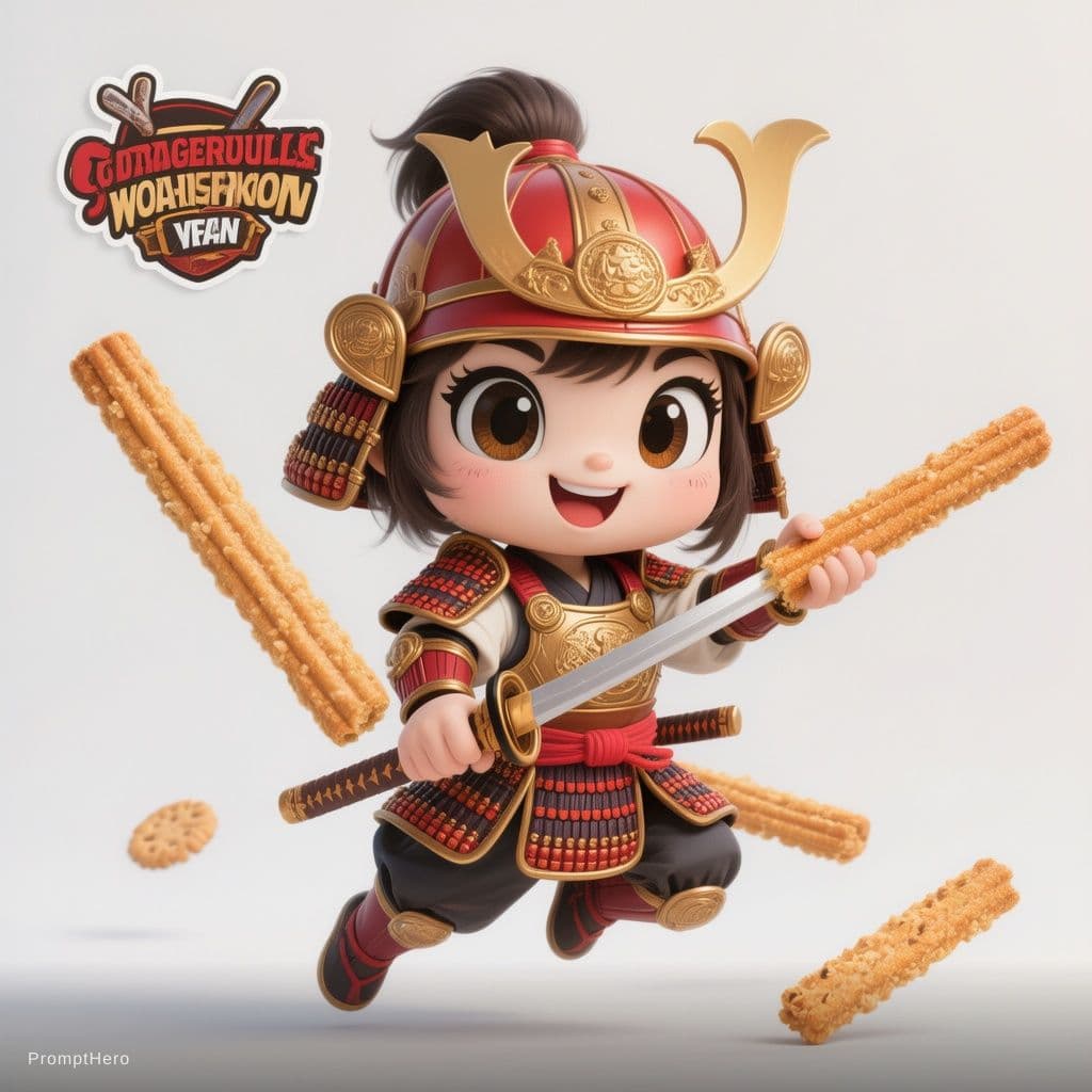 AI generated: Cute stylized cartoon mascot of a female samurai, snack brand character design, friendly and modern....