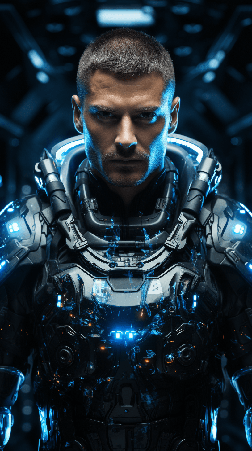AI generated: futuristic warrior in full military attire, full body hologram inside a flat screen, space ship inte...