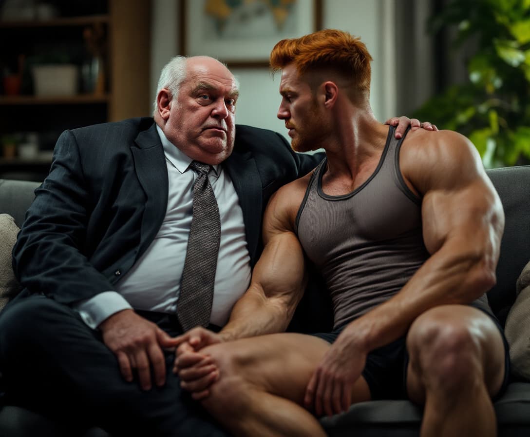AI generated: high-resolution photo of a fat old man wearing suit and tie, next to extremely muscular, handsome yo...