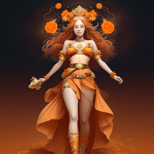 AI generated: fantasy sky, goddess, long red hair, crown of orange flowers on the head, orange flowers on the brea...