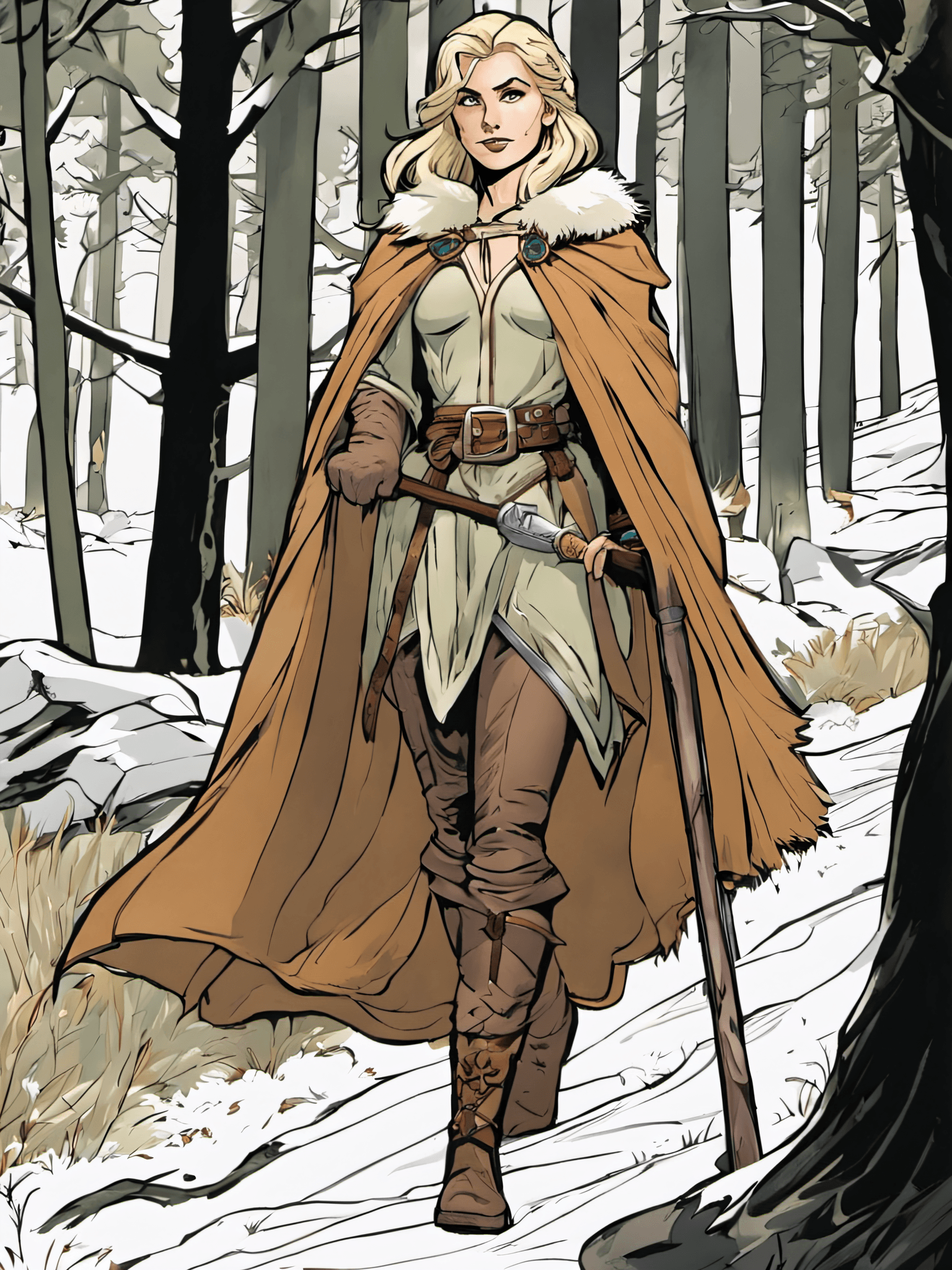 AI generated: comic breathtaking Blonde Elf Woman, wearing a Fur cloak, on a trail in the woods, using a walking s...