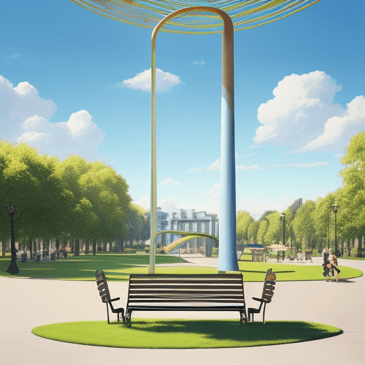 AI generated: Draw a photorealistic image of a public long infinite chair stationed in a vibrant park. The chair s...