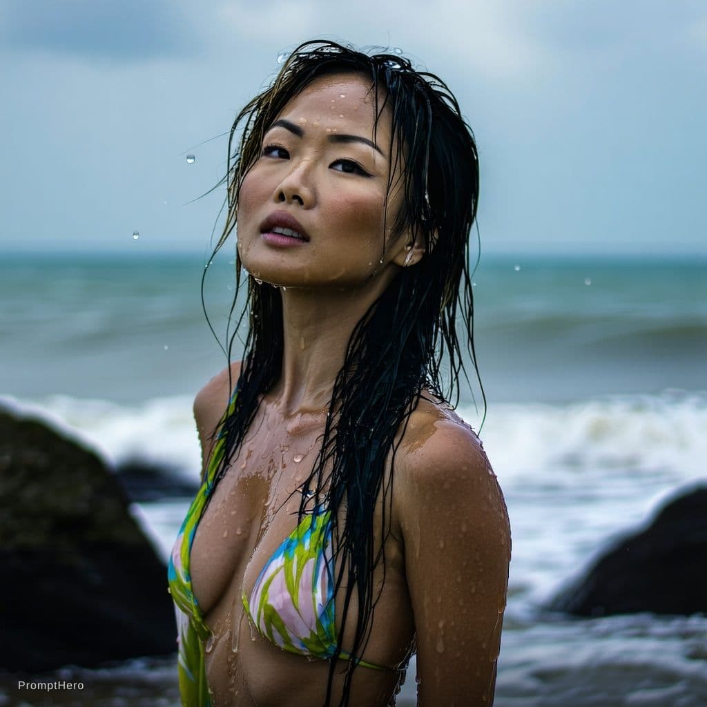 AI generated: This is a powerful and seductive, full-body portrait of a beautiful east asian woman in a vibrant bi...