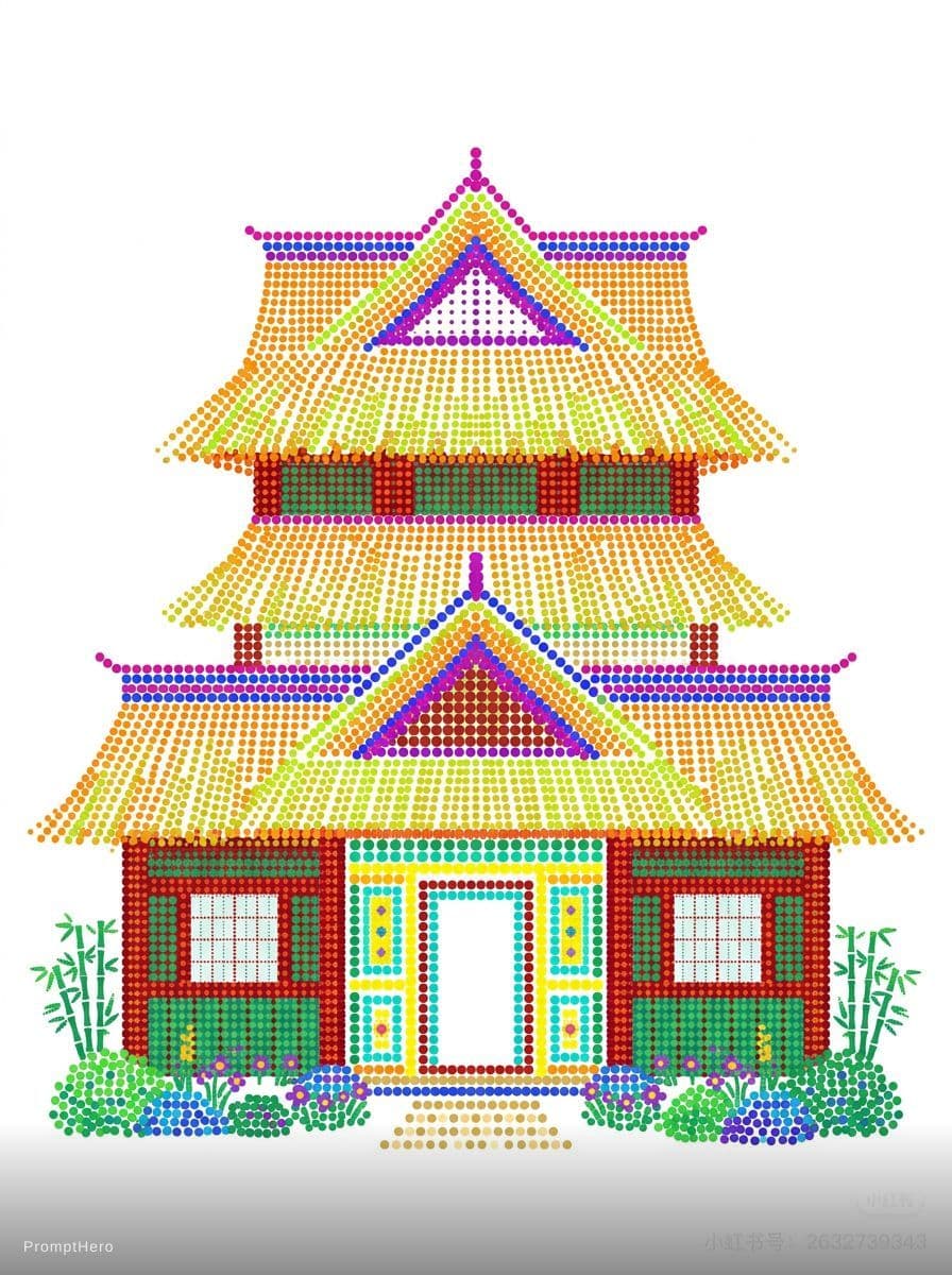 AI generated: (Du Fu's thatched cottage ), using dopamine colored dot matrix design, vector illustration, density ...