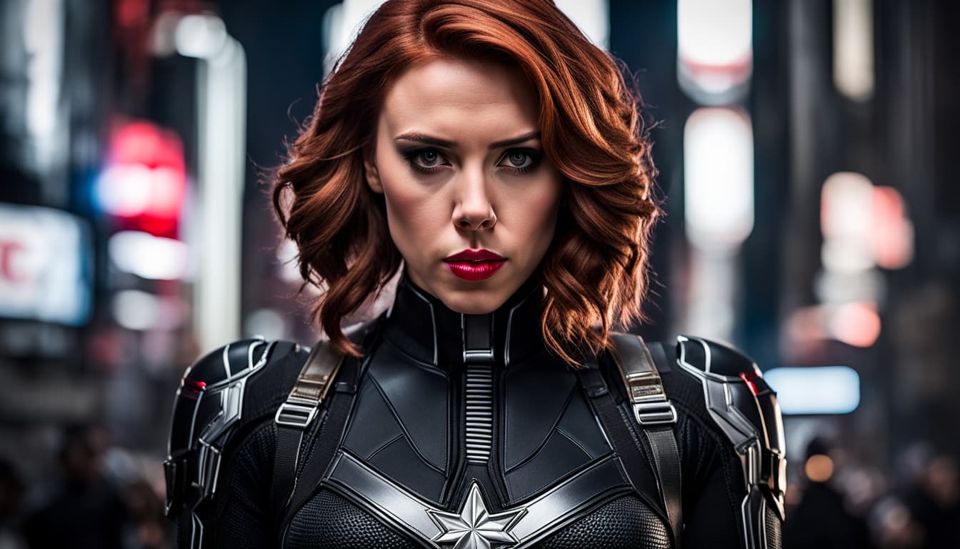 AI generated: 500mm RAW dslr portrait photograph Scarlett Johansson as Black widow , the iconic movie character ou...