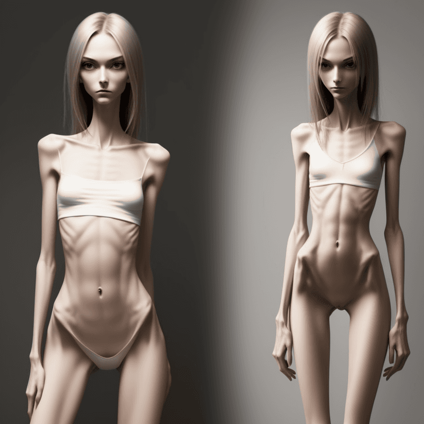 AI generated: extreme beautiful skinny slender (almost anorexic)  girl with skinny slender thighs narrow, without ...