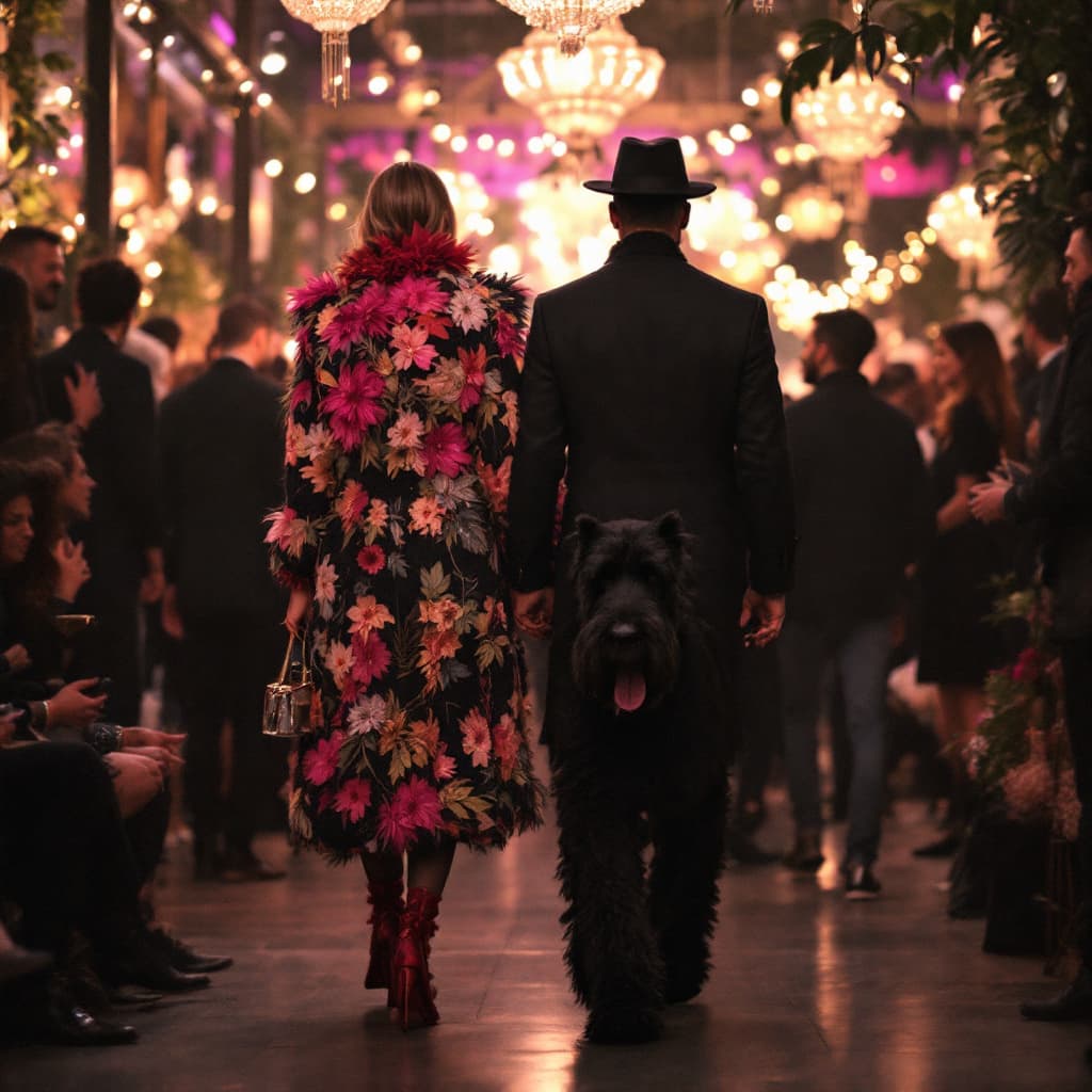 AI generated: all black giant schnauzer walking with his owner in a nyc fashion week party with stylish people all...