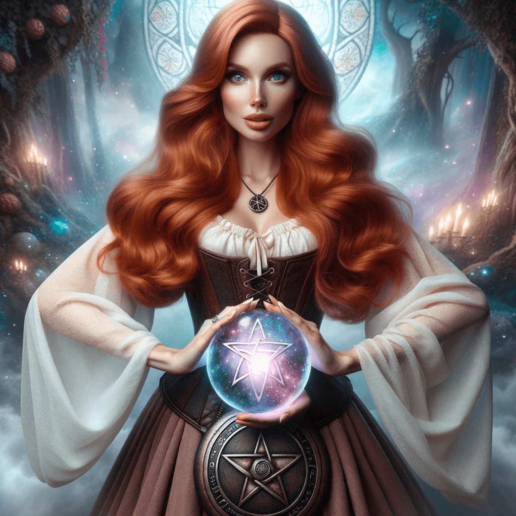 AI generated: A woman with long flowing red hair that has a resemblance to a popular actress holds a glowing ball ...