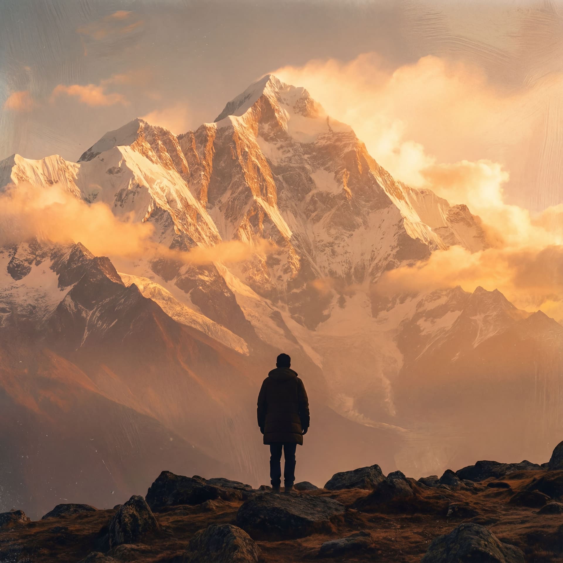 AI generated: A solitary male figure in silhouette, standing at the foot of the mountain, looking up at Mount Namj...