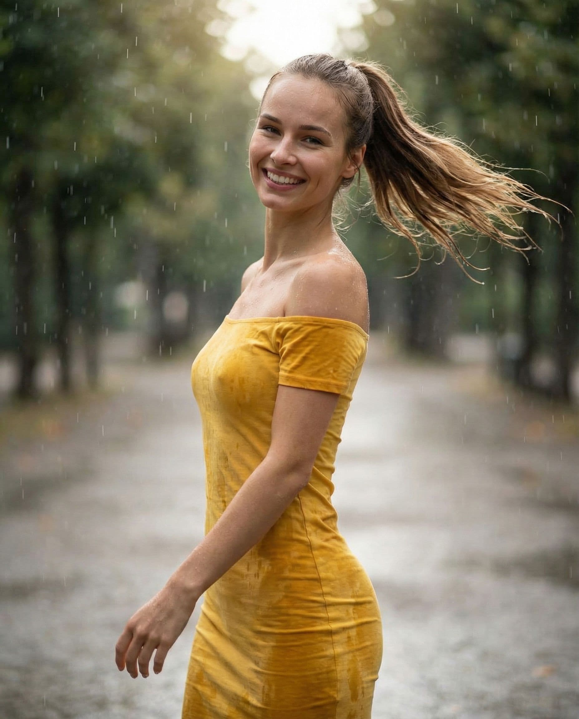 AI generated: A photorealistic portrait of a fit 25yo woman with fair skin and long, flowing dark blonde ponytail ...