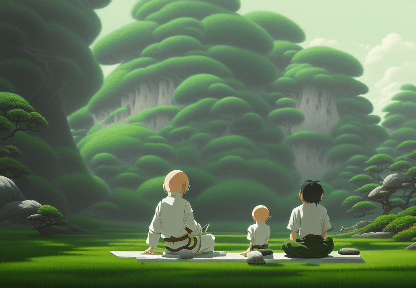 AI generated: create a painting of a zen master sitting in front of a young warrior boy standing and teaching him,...
