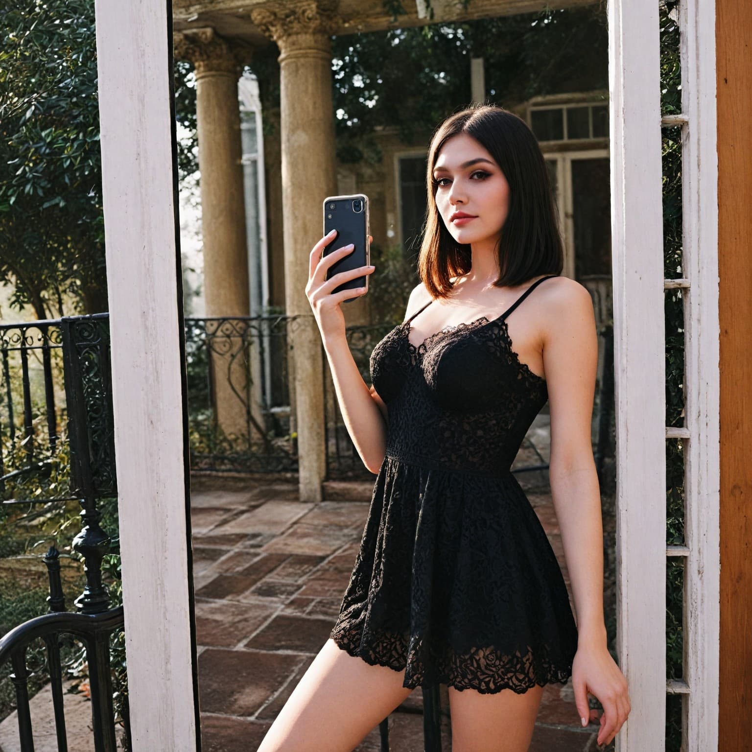 AI generated: semi naked selfie on a old mansion of a full body of a erotic woman, night, holding phone, black fis...