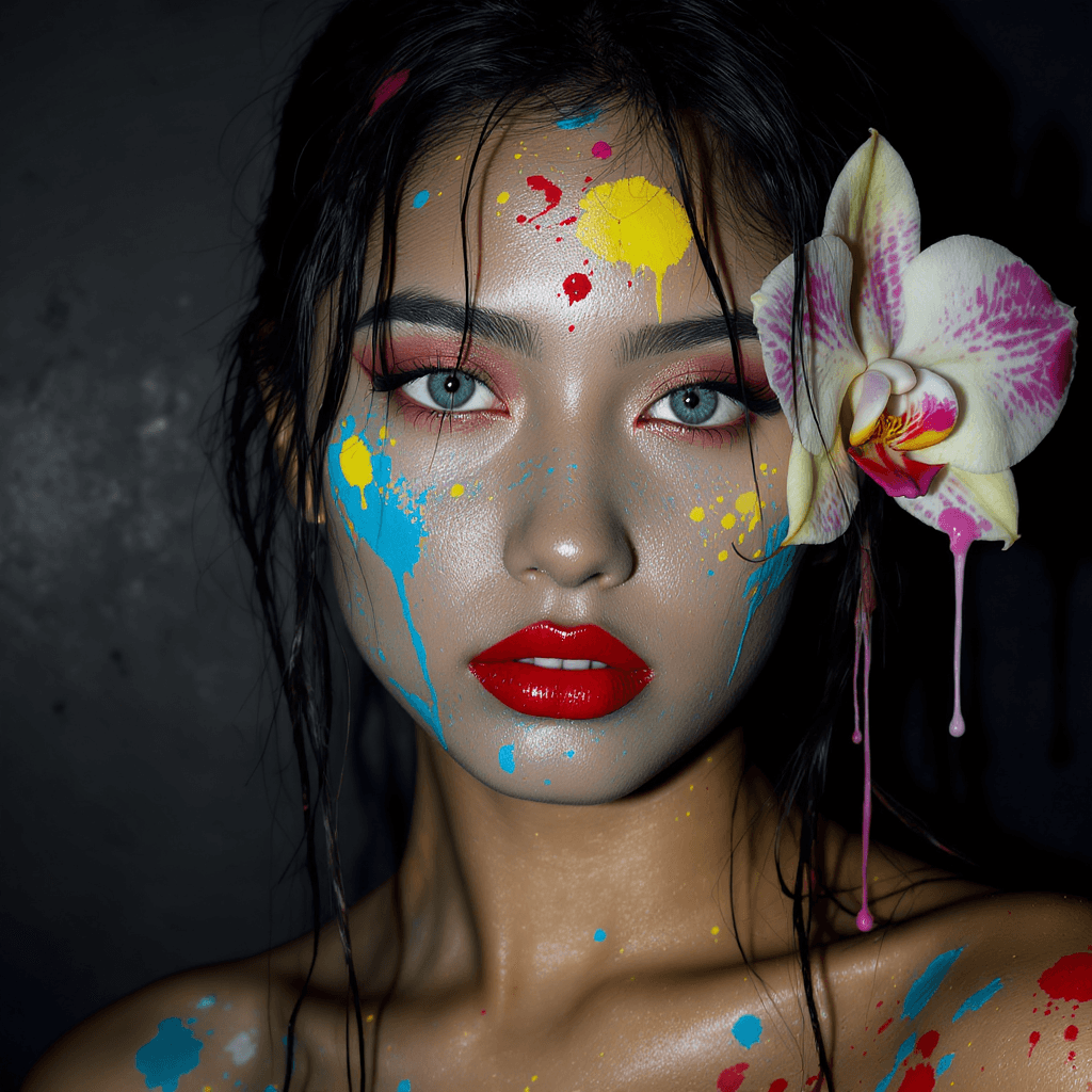 AI generated: Extreme macro close-up, high contrast, low-key lighting portrait of a young asiatic woman with dark,...