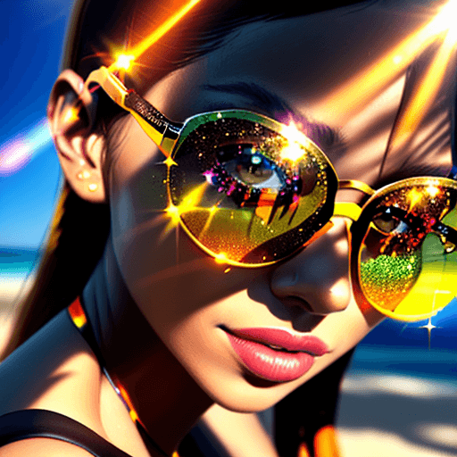 AI generated: close up portrait of woman with orange sunglasses, glitter on her face, sun rays, glowy skin, hyper ...