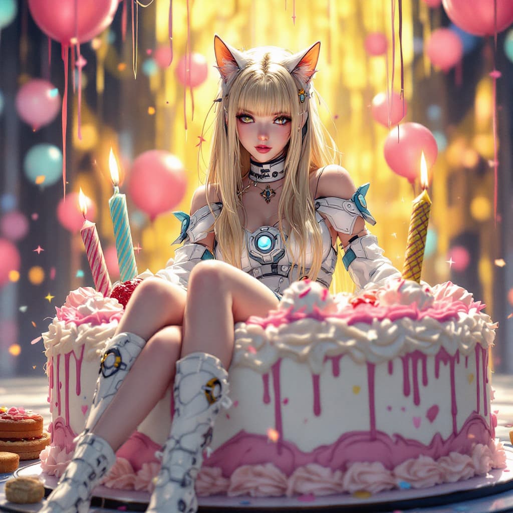 AI generated: a full body anime style illustration of a woman with blond long straight hair, cat eyes, round face,...