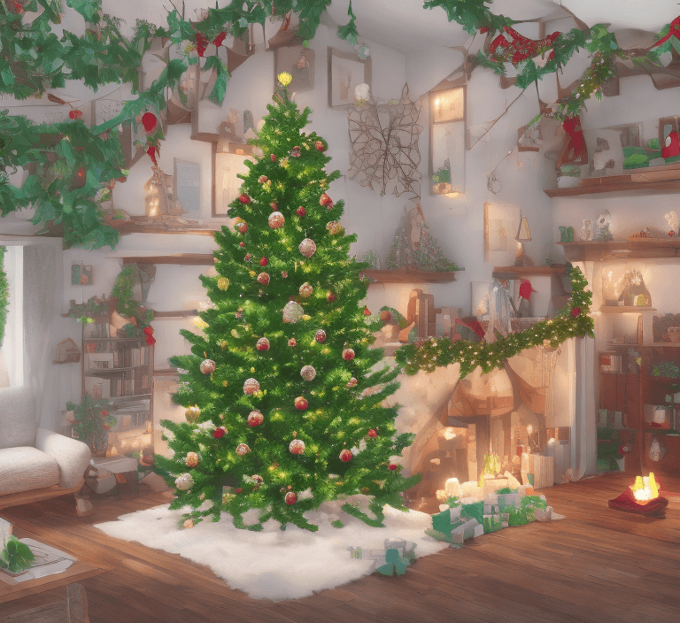 AI generated: Christmas tree with many gifts, fanart, High resolution photography interior design, dreamy sunken l...