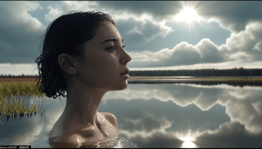 AI generated: Editorial, Closeup: (Woman made of water rising from pond: 2. 0), profile view, closeup+, fluid dyna...