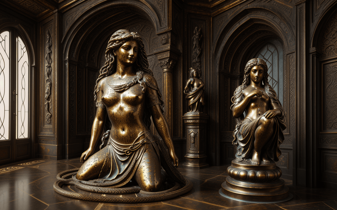 AI generated: one,barocco,interior statue andromeda ,hair snakes,decorative bronze,(patina:1.4),ambient occlusion,...