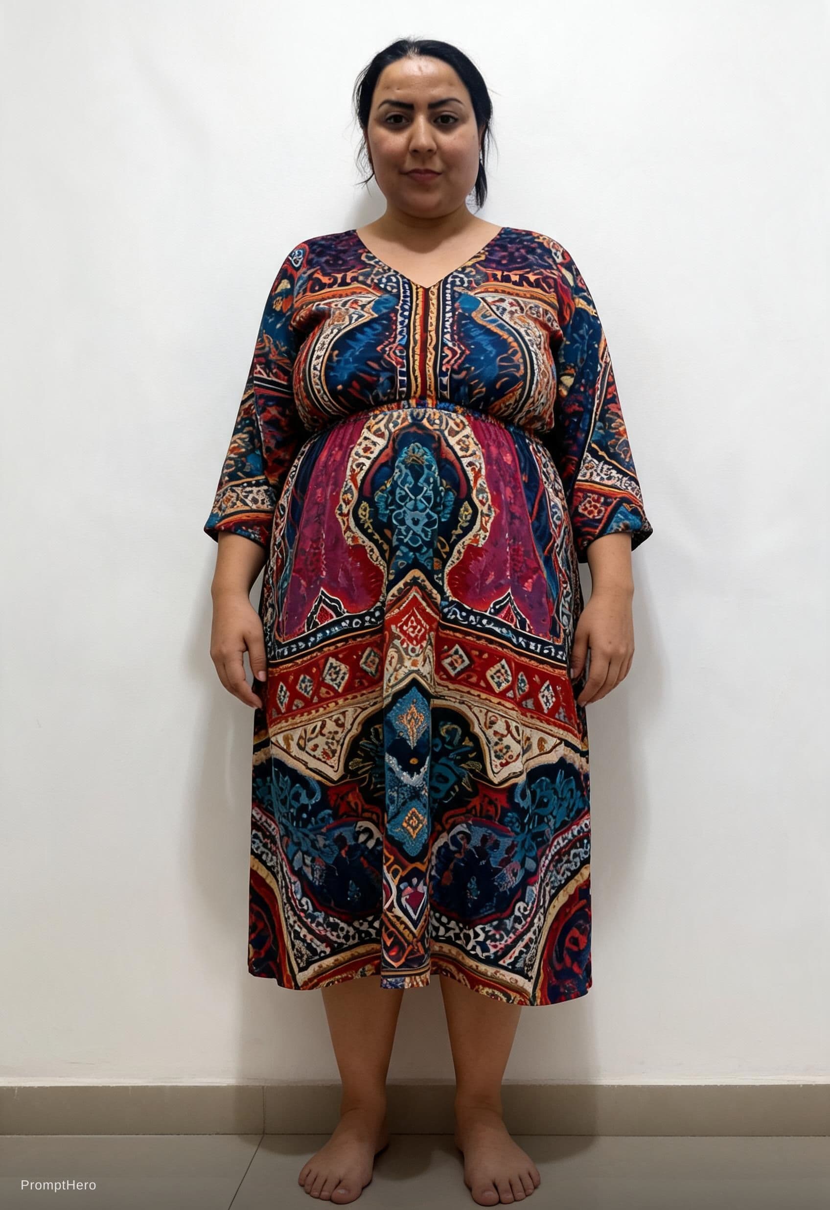 AI generated: Full body view of a moroccan model with wide hips and barefoot