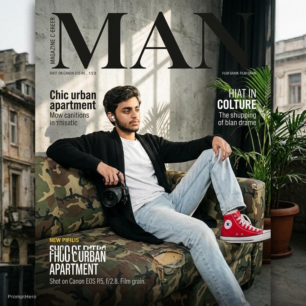 AI generated: In this picture add all this thing
photography, magazine cover, tilt shot, male model lounging on a ...