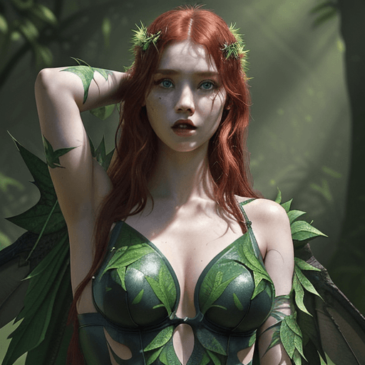 AI generated: ultra detailed photo shot of a woman (Jia Lissa) dressed as Poison Ivy, with wings made of ((grassy-...