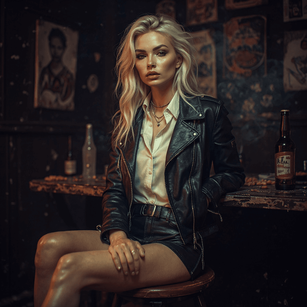 AI generated: Create a cinematic, close-up portrait of a strikingly attractive, skinny platinum blonde woman with ...