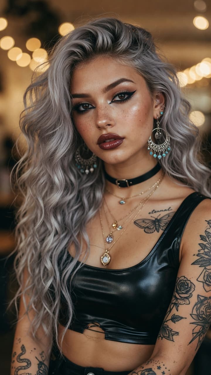 AI generated: Ultra-realistic photography of a stunning young woman with voluminous, long wavy ash-silver hair cas...
