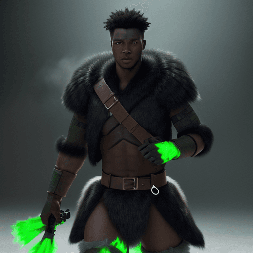 AI generated: black male trains soldiers wearing wolf pelts to fight with green glowing magic, hyper-realism, high...