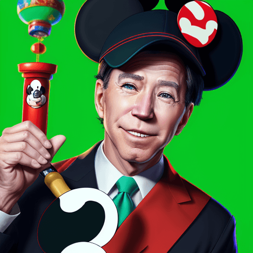 AI generated: A photorealistic Biden with a Mickey Mouse hat, a bong in one hand, and a Chinese flag in the other,...