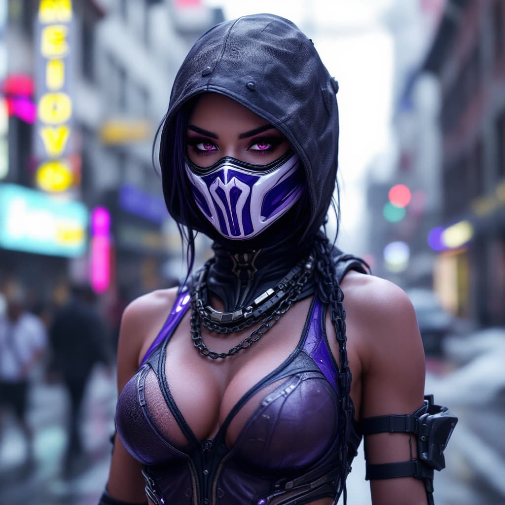 AI generated:  Mortal Kombat Mileena, cyberpunk, outdoor, street, purple, hyperrealism, photorealistic, 8k, unreal...