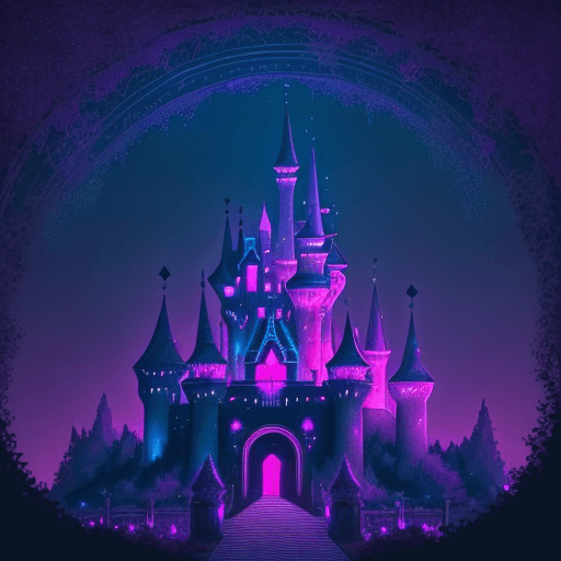 AI generated: a dark castle in an enchanted forest, teal, cyan and pink night sky, stars glowing in sky, glitter c...