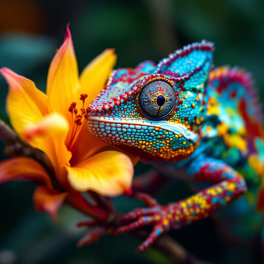 AI generated: 24.	a close-up of a chameleon changing colors while camouflaging into a tropical flower --v 7 --styl...