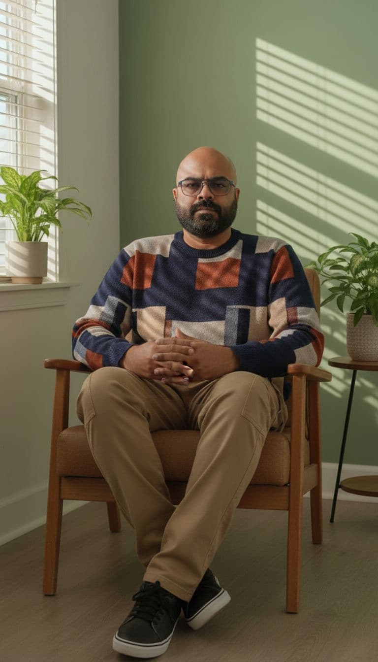 AI generated: A stylish young man with a lean physique (around 57 kg, 5'7" tall) sits in a modern wooden armchair ...