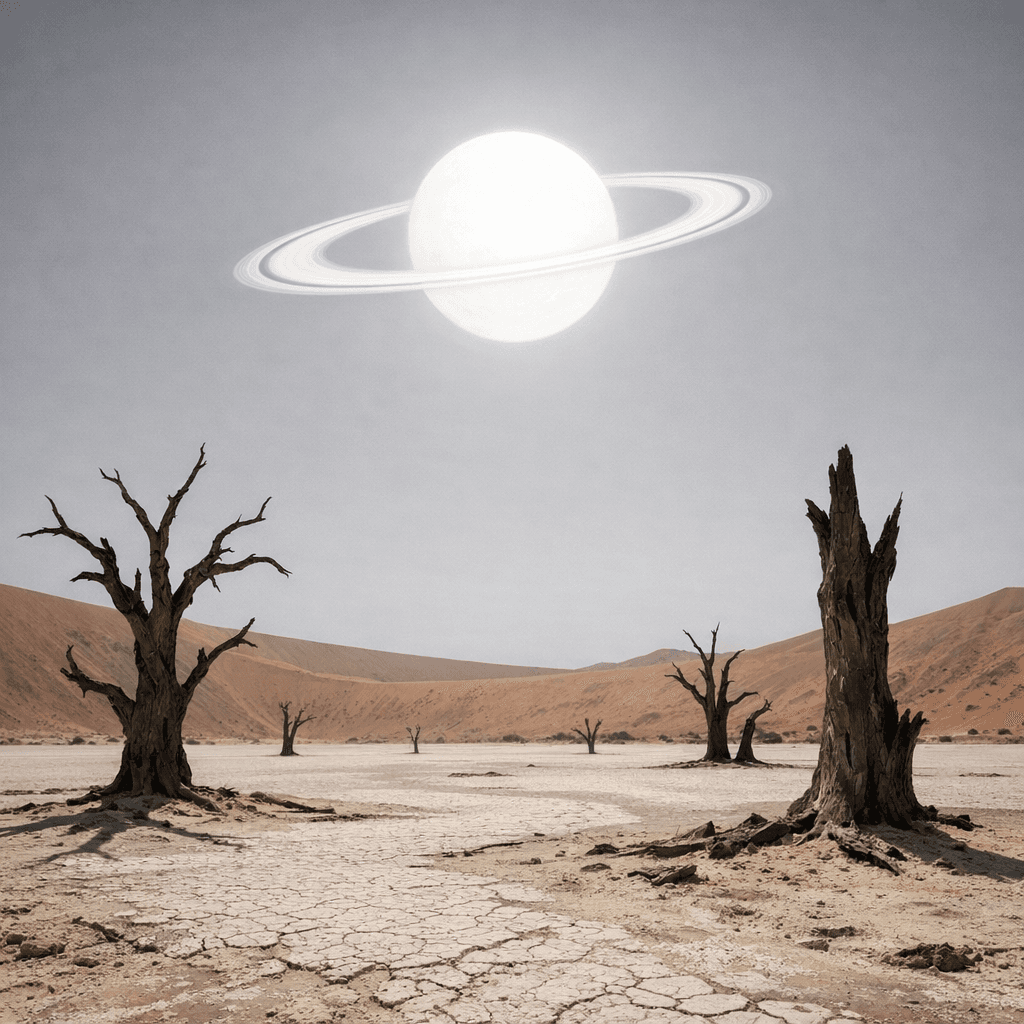 AI generated: a scenic landscape of a desert with dead trees but the sky has a more grey color with no clouds and ...