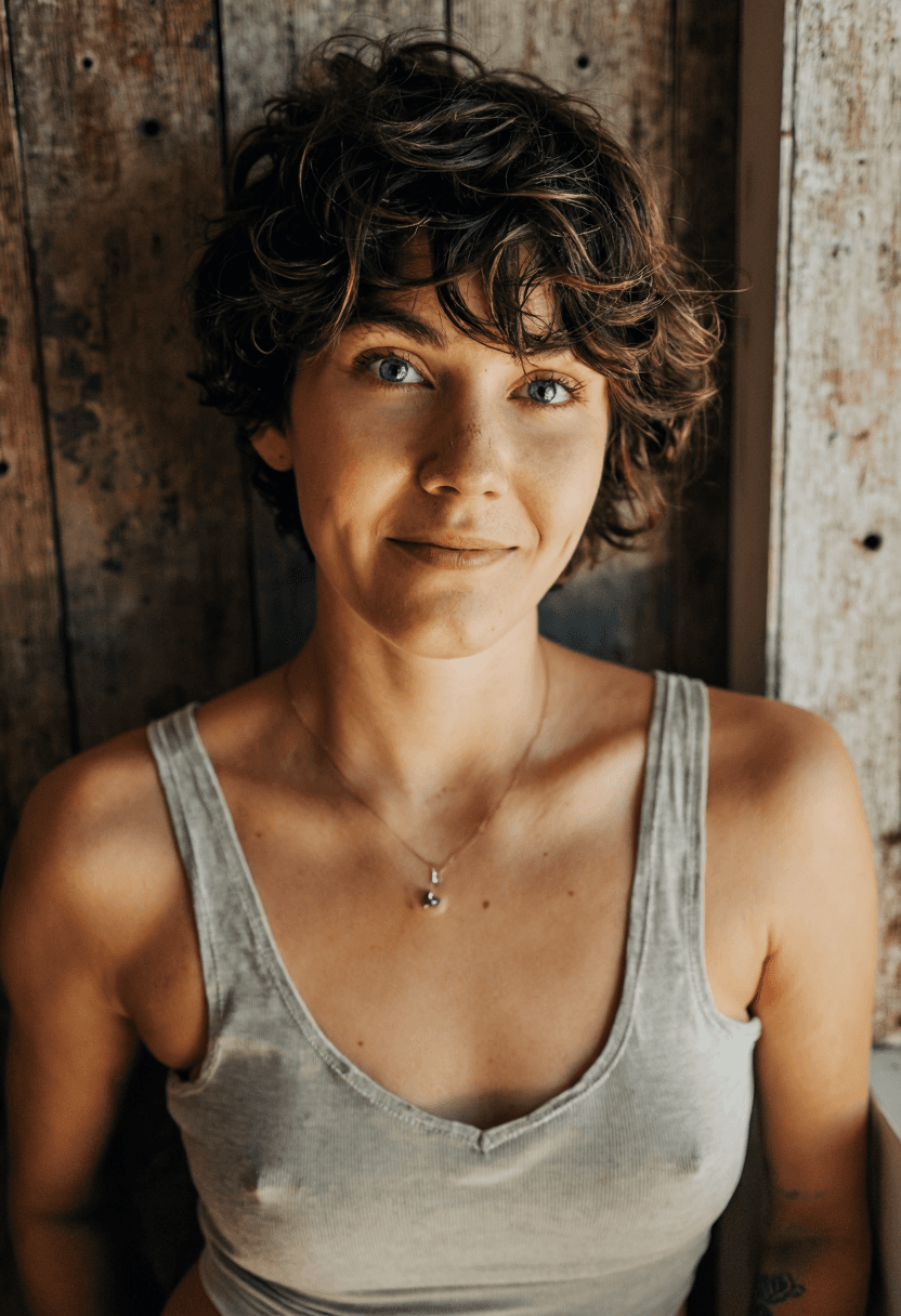 AI generated: cinematic image with dark shadows and high contrast, A fit 30yo woman with short, dark curly tousled...