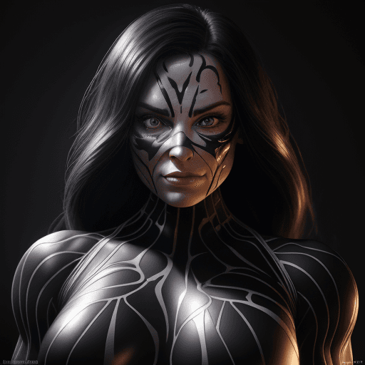 AI generated: 1 bodybuilder woman wearing symbiote with a wide jaw, young beautiful face, soft face, full body vis...