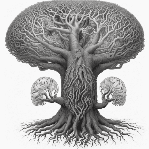 AI generated: A captivating black and white sketch of a unique fusion of trees and brains, intertwined and connect...