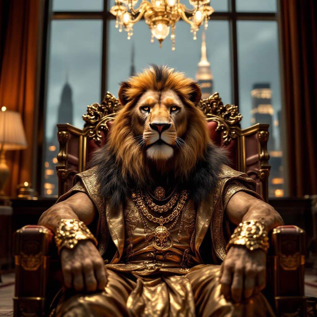 AI generated: A majestic anthropomorphic lioness, seated confidently on a throne adorned with highly detailed fur ...
