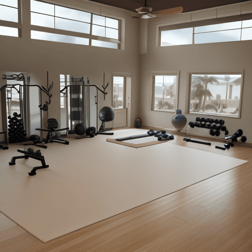 AI generated: indoor home gym inspired by muscle beach with sand as the floor and beach themed