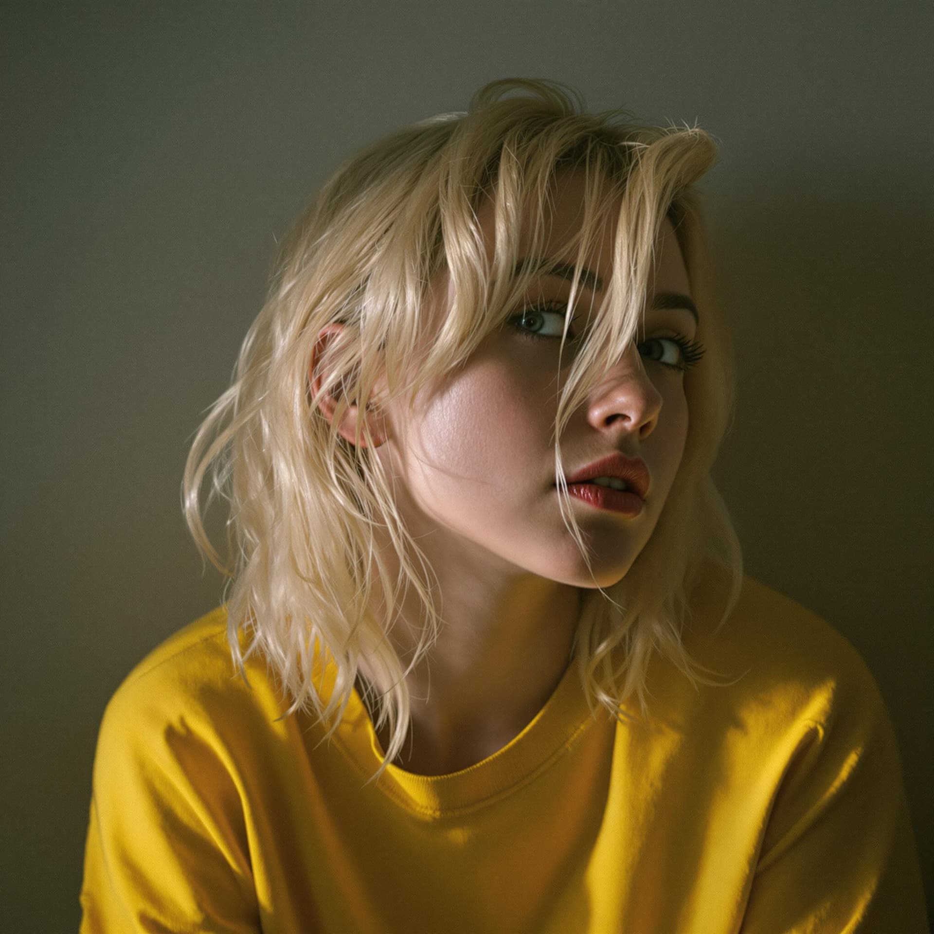 AI generated: blond girl in a yellow shirt is posing, soft, atmospheric lighting --chaos 33 --ar 1:2 --profile yru...