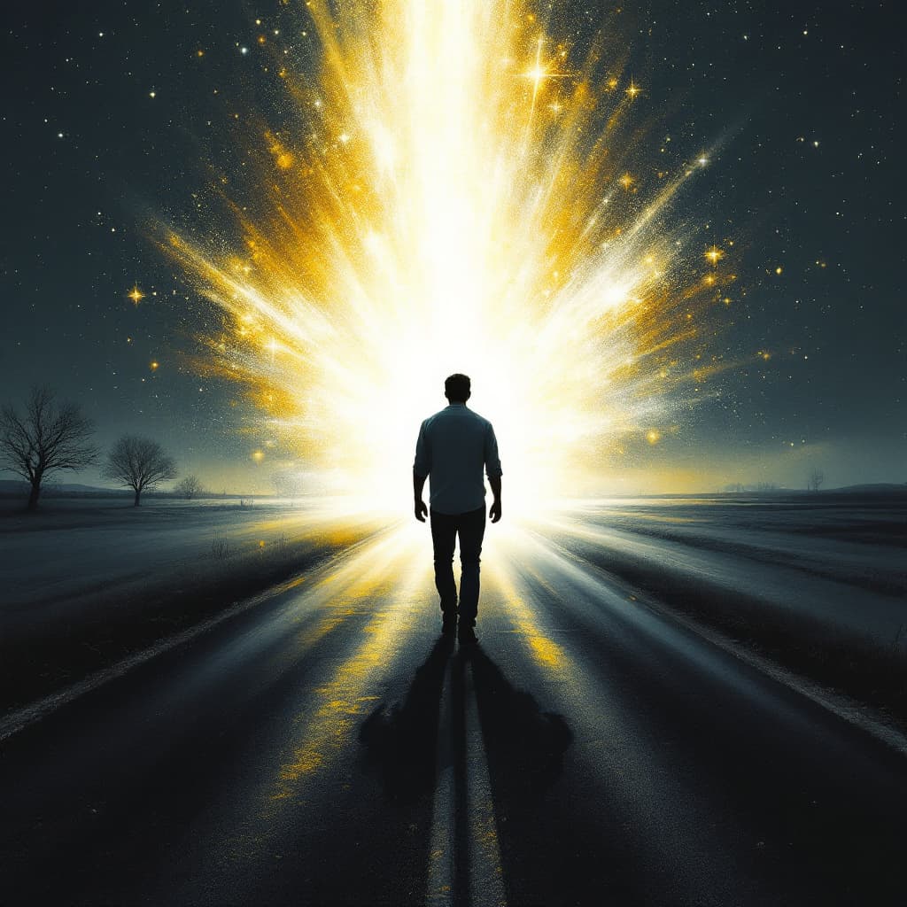 AI generated: Artistic illustration of a cold, desolate  
country road at night,  a lone figure (man) wearing only...