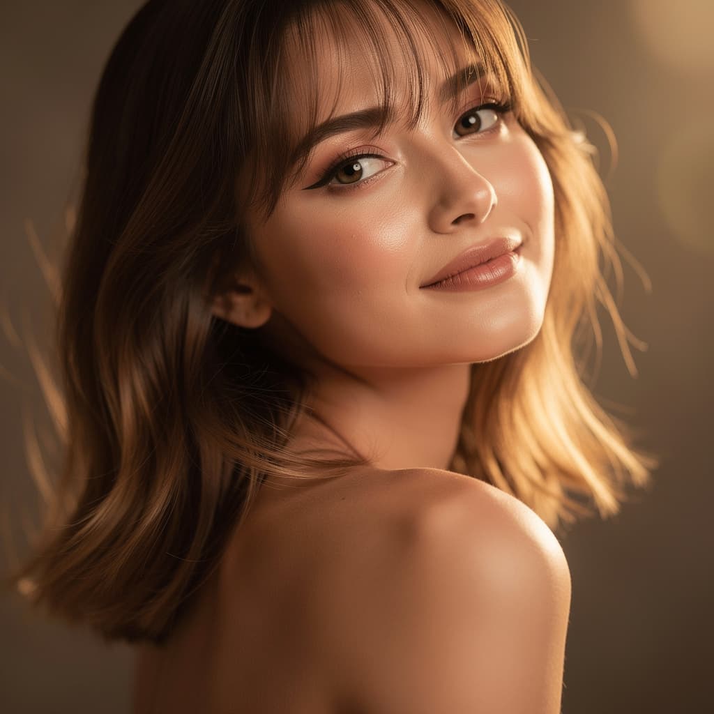 AI generated: full body nude 
Elegant artistic nude portrait of a woman with shoulder-length light brown hair and ...