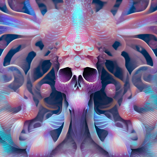 AI generated: Goddess close-up portrait ribcagel. jellyfish phoenix head, nautilus, orchid, skull, betta fish, bio...