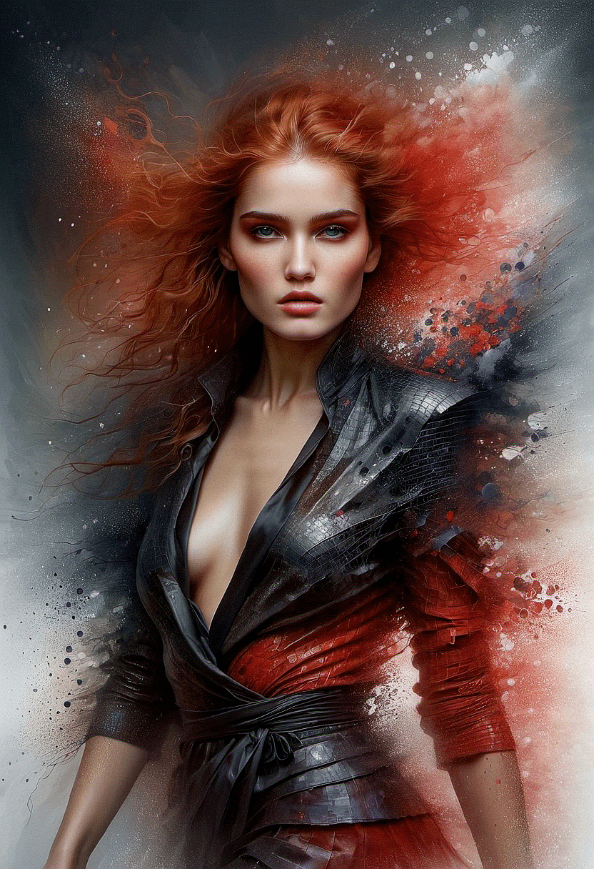 AI generated: A painting, beautiful woman (freckles),  (((red ominous war))) [in the style of Anna Razumovskaya an...
